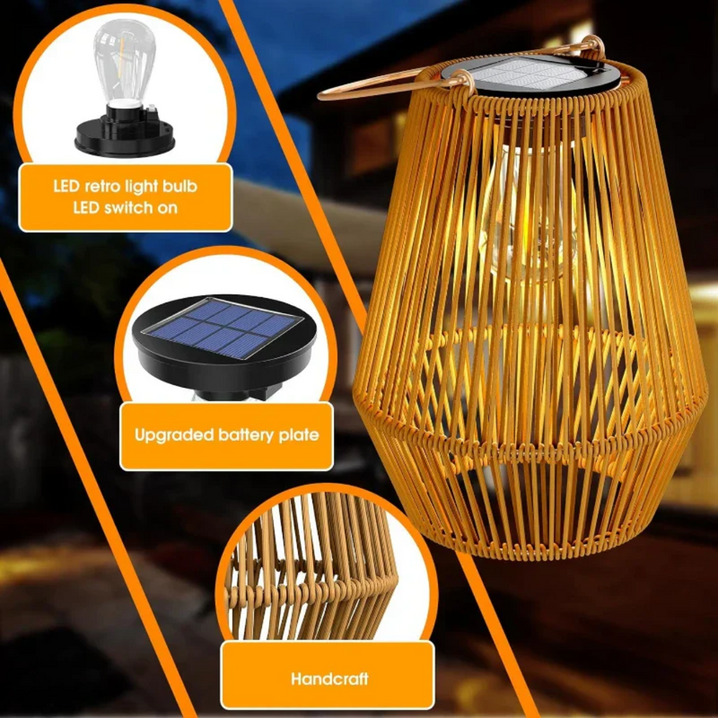 Solarbetriebene LED-Laterne aus Bambus für Außenbereich, mit Retro-Glühbirne und Akku.