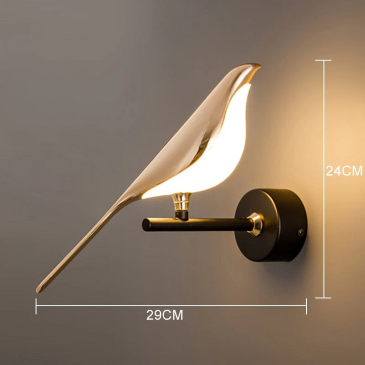 Goldene Vogel-Wandleuchte, modernes Design, LED-Beleuchtung, 29x24 cm, Innenbeleuchtung.