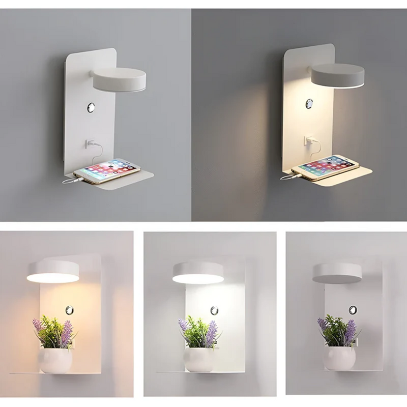 Moderne weiße Wandlampe mit Regal, USB-Ladeanschluss, ideal für Schlafzimmer oder Wohnzimmer.