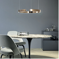 Moderne Esszimmerbeleuchtung, runder Tisch, graue Stühle, minimalistisches Design, Innenarchitektur.