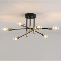 Moderne schwarze Deckenleuchte mit sechs Glühbirnen, industrielles Design, Metall und Glas.