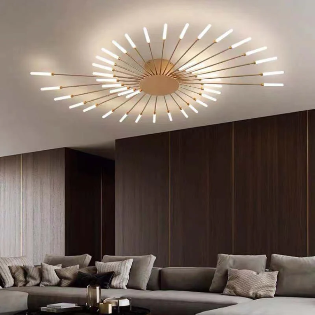 Moderne LED-Deckenleuchte, goldfarben, strahlenförmig, Wohnzimmerbeleuchtung, stilvoll.
