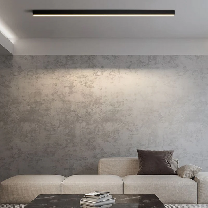 Moderne LED-Deckenleuchte schwarz, Wohnzimmer, minimalistisch, energiesparend, stilvoll.