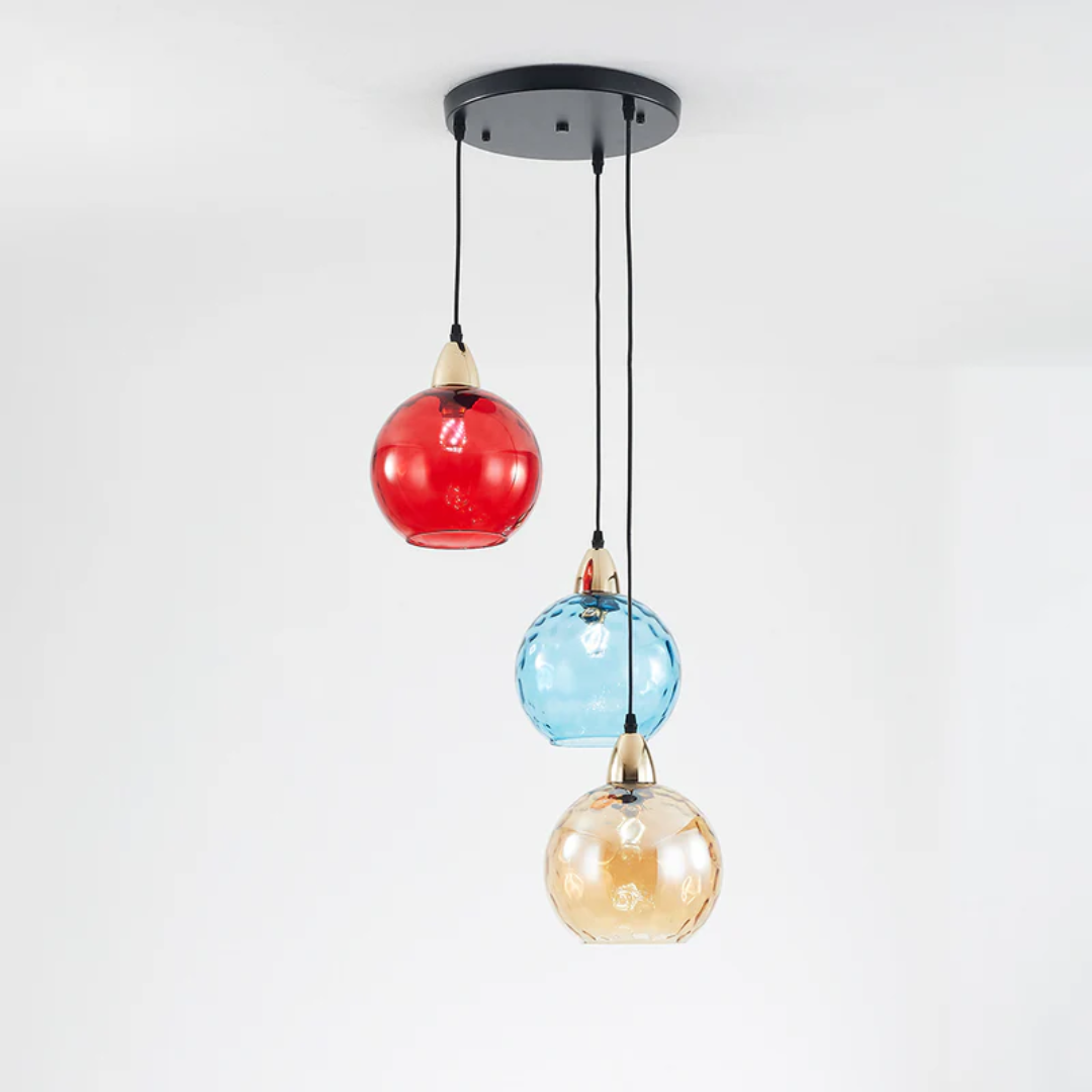 Dreifarbige Pendelleuchte aus Glas, modern, rot-blau-gold, für Wohnzimmer, Deckenbeleuchtung.