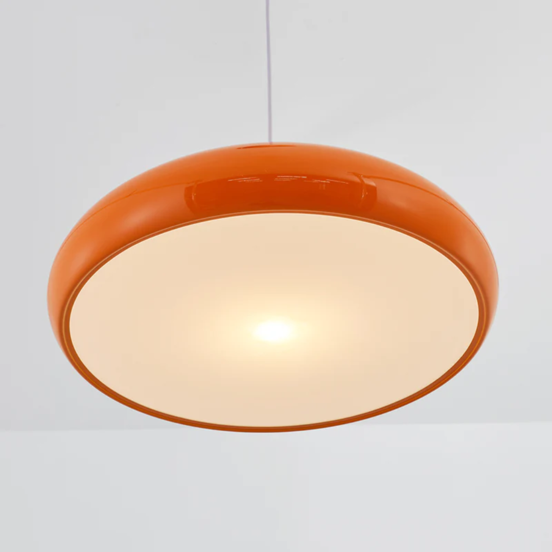Orangefarbene Deckenleuchte, rund, modern, LED, Wohnzimmerbeleuchtung, energiesparend.