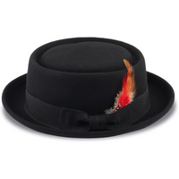 Schwarzer Filzhut mit roter Feder, elegantes Design, Herrenmode, Accessoire.