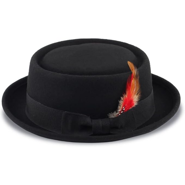 Schwarzer Filzhut mit roter Feder, elegantes Design, Herrenmode, Accessoire.