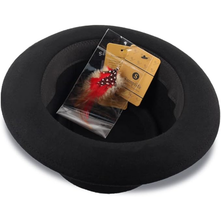 Schwarzer Filzhut mit Federschmuck, elegantes Accessoire, modisch, vielseitig einsetzbar.
