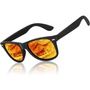 Schwarze Sonnenbrille mit orangefarbenen verspiegelten Gläsern, modisch, UV-Schutz.