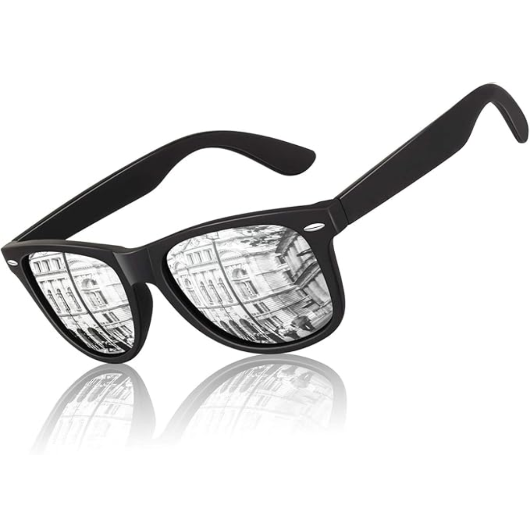 Schwarze Sonnenbrille mit reflektierenden Gläsern, Gebäude im Spiegelbild, modisch, Unisex.