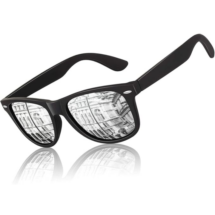 Schwarze Sonnenbrille mit reflektierenden Gläsern, Gebäude im Spiegelbild, modisch, Unisex.