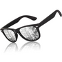 Schwarze Sonnenbrille mit reflektierenden Gläsern, Gebäude im Spiegelbild, modisch, Unisex.