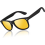 Schwarze Sonnenbrille mit gelben Gläsern, modisches Accessoire, UV-Schutz, Unisex-Design.