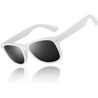 Weiße Sonnenbrille mit schwarzen Gläsern, modisches Accessoire, UV-Schutz, Unisex-Design.