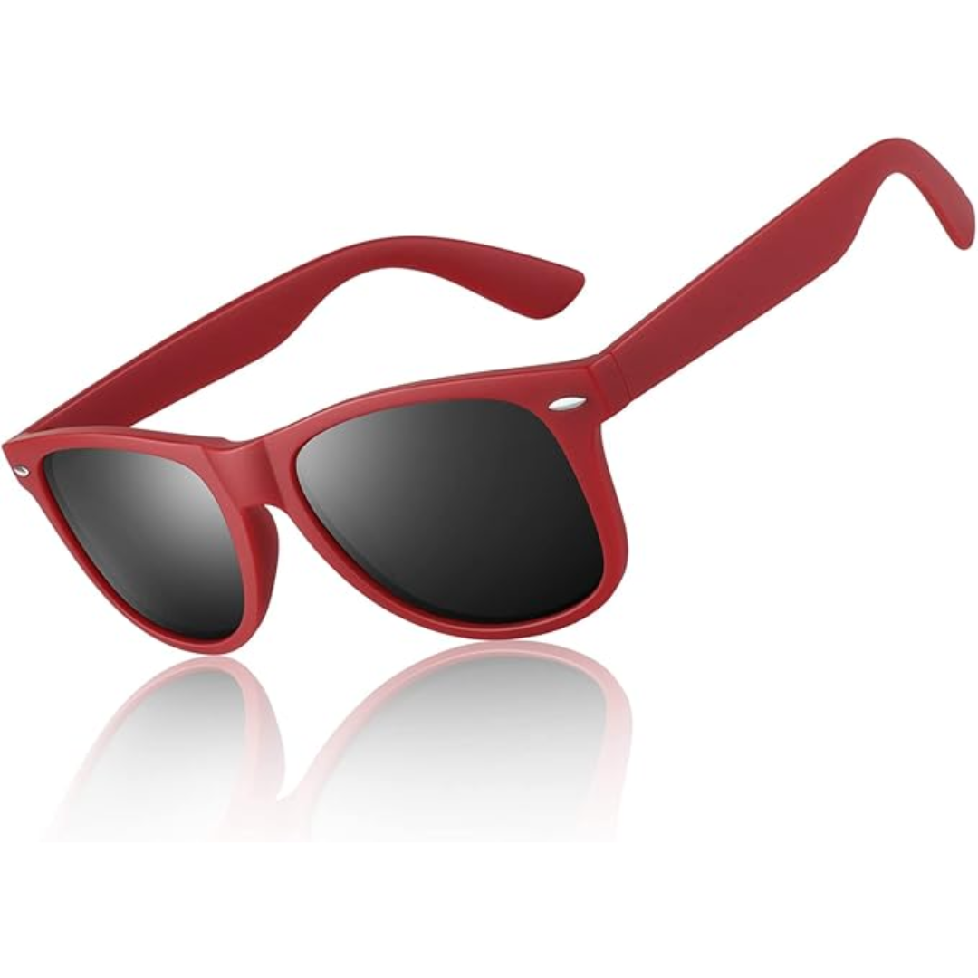Rote Sonnenbrille mit schwarzen Gläsern, modisches Accessoire, UV-Schutz, Unisex-Design.