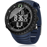 Schwarze digitale Sportuhr mit Kompass, blauem Armband, wasserdicht, für Outdoor-Aktivitäten.