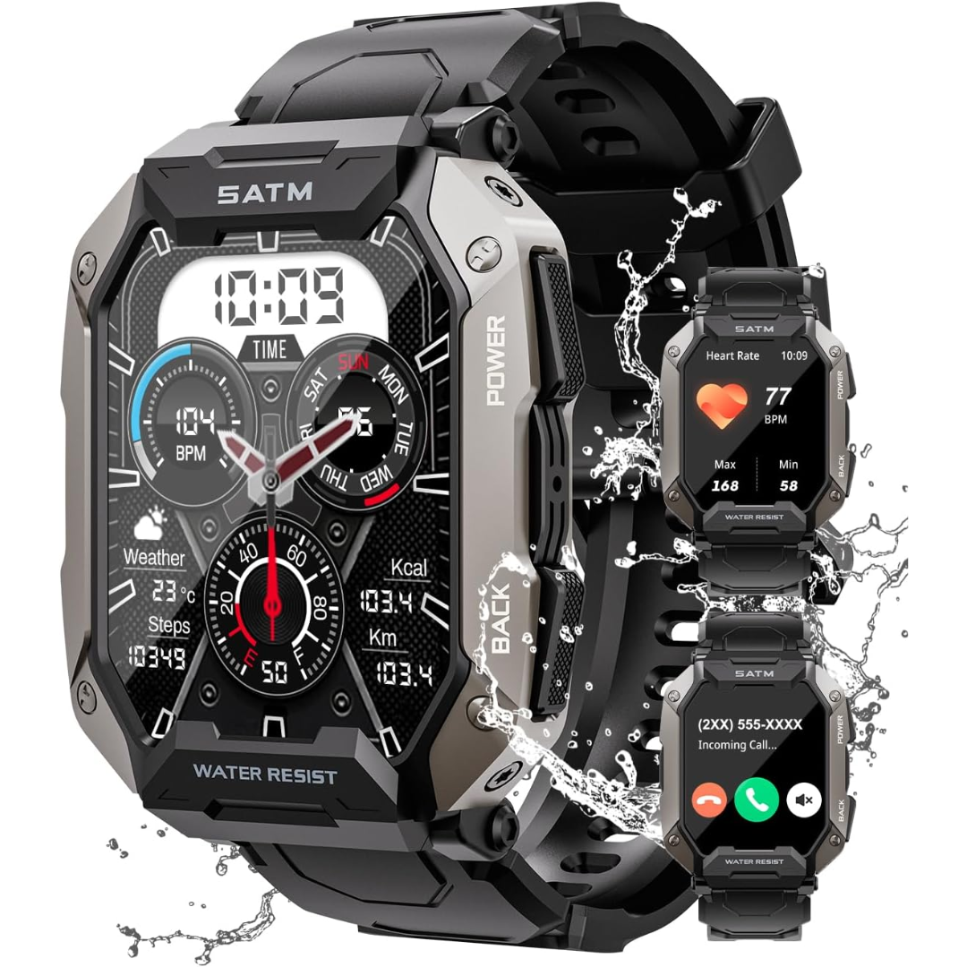 Wasserdichte Smartwatch, schwarz, Edelstahl, Fitness-Tracker, Herzfrequenz, Anrufbenachrichtigung