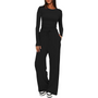 Schwarzer Damen-Jumpsuit, langärmelig, bequem, Freizeitmode, mit weitem Bein, aus Baumwolle.