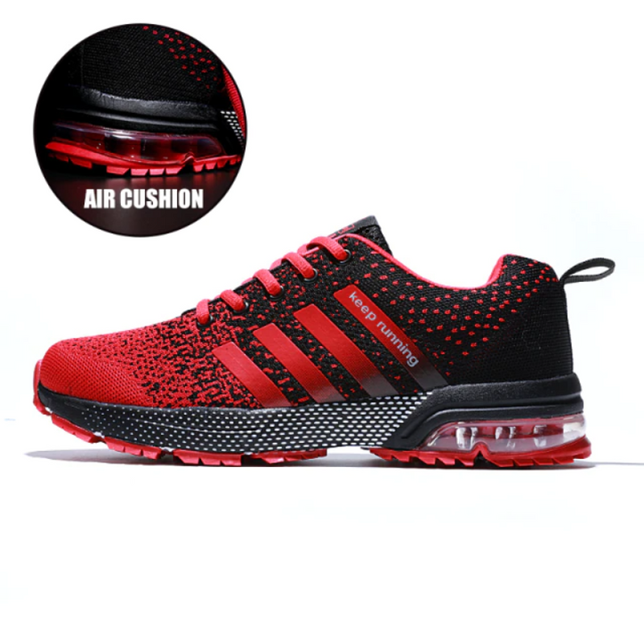 Rote Herren-Sneaker mit Luftpolster, atmungsaktiv, ideal für Fitnessstudio und Sport.