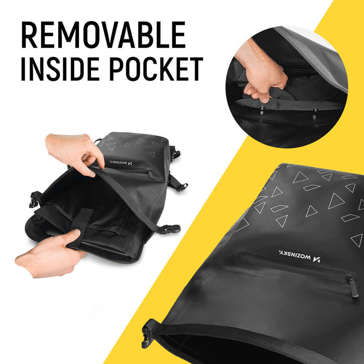 Schwarzer wasserdichter Rucksack mit abnehmbarer Innentasche, geometrisches Muster.