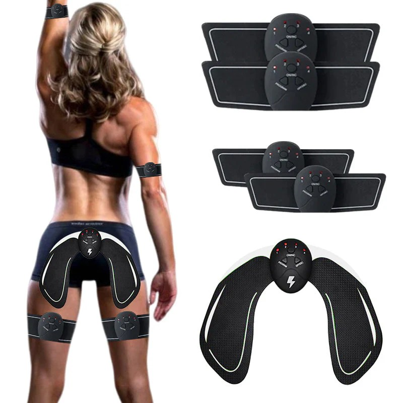 Frau mit EMS-Trainingsgerät, schwarz, Muskelstimulation, Fitness, Bauch, Arme, Beine.