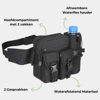 Schwarze, wasserabweisende Gürteltasche mit abnehmbarer Flaschenhalterung und mehreren Fächern.
