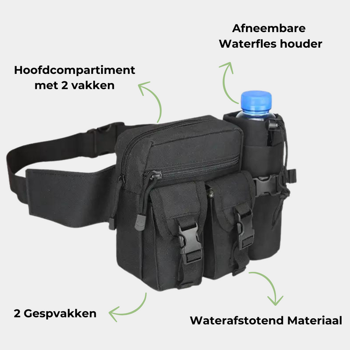 Schwarze, wasserabweisende Gürteltasche mit abnehmbarer Flaschenhalterung und mehreren Fächern.