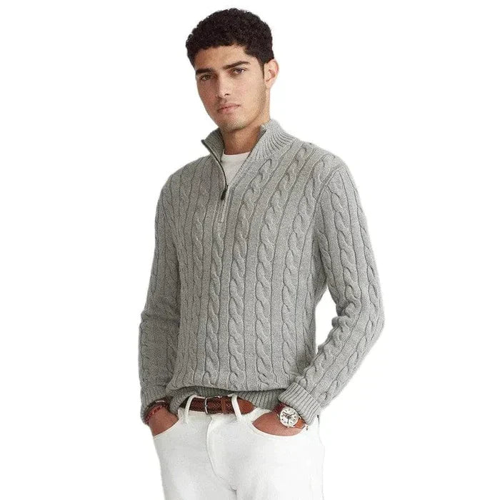 Grauer Strickpullover mit Reißverschluss, Herrenmode, elegantes Design, warm und stilvoll.