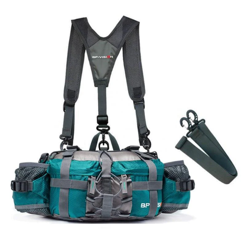 Grüne Angeltasche mit Trägern, multifunktional, wasserdicht, ideal für Outdoor-Aktivitäten.