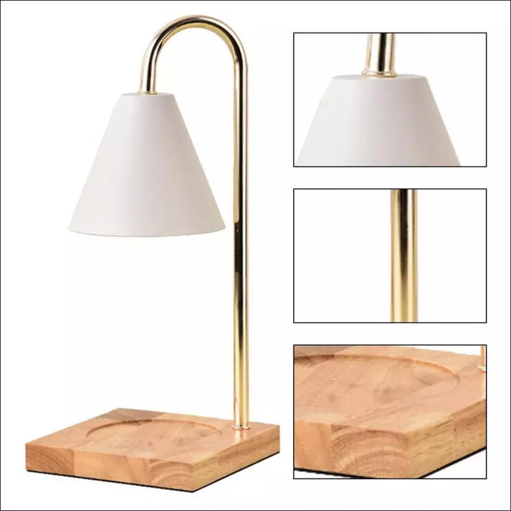 Aromatherapie-Kerzenwärmer Tischlampe, goldener Ständer, Holzsockel, modernes Design.