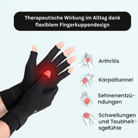 Schwarze Arthrosehandschuhe, Fingerkuppendesign, Linderung bei Arthritis und Karpaltunnel.