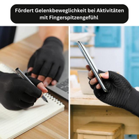Schwarze Arthrose-Handschuhe, Fingerlos, für bessere Gelenkbeweglichkeit beim Schreiben und Tippen.