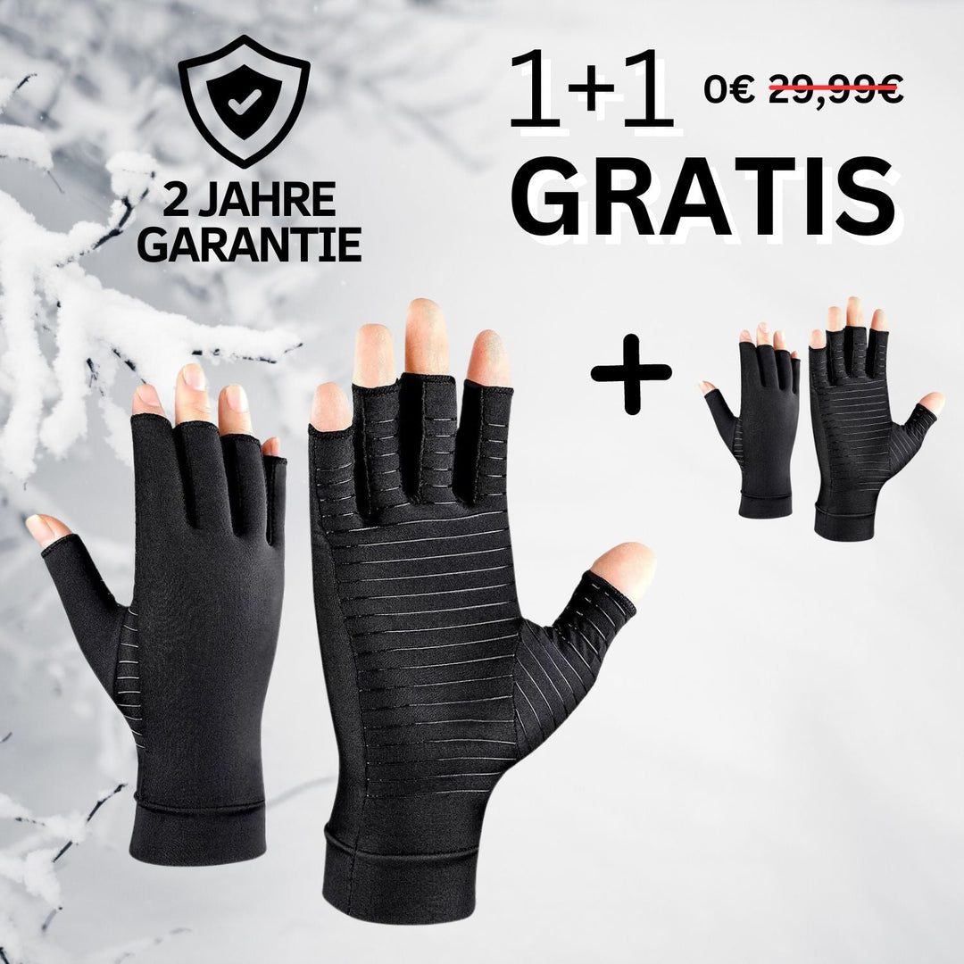 Schwarze Arthrosehandschuhe, fingerlos, Kompression, 1+1 gratis Angebot, Winterhintergrund.