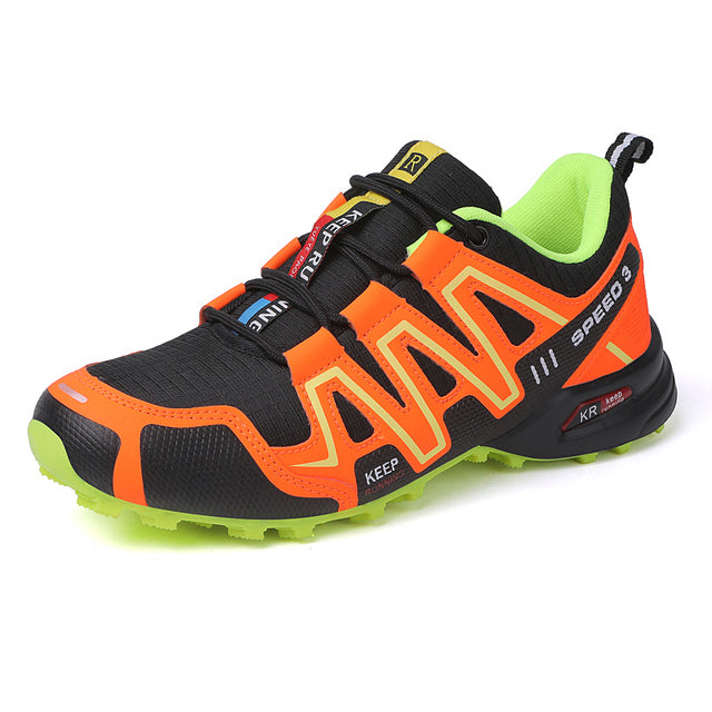 Herren-Wanderschuh, atmungsaktiv, schwarz-orange, Mesh, rutschfest, Outdoor-Sport.