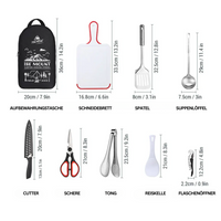 Küchenutensilien-Set mit Tasche, Schneidebrett, Spatel, Suppenlöffel, Messer, Schere, Zange.