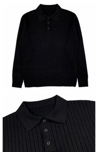 Schwarzer Strickpullover mit Kragen, Langarm, Knopfleiste, Herrenmode, elegant, Baumwolle.