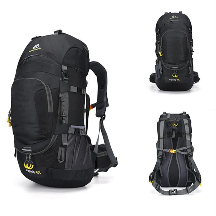Schwarzer 60L Wanderrucksack, wasserdicht, mit mehreren Taschen und verstellbaren Gurten.