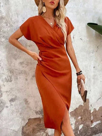 Stilvolles Orange V-Ausschnitt Midikleid - Ruby