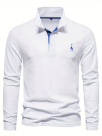 Weißes Herren-Poloshirt, langärmelig, Baumwolle, klassischer Kragen, elegantes Design.