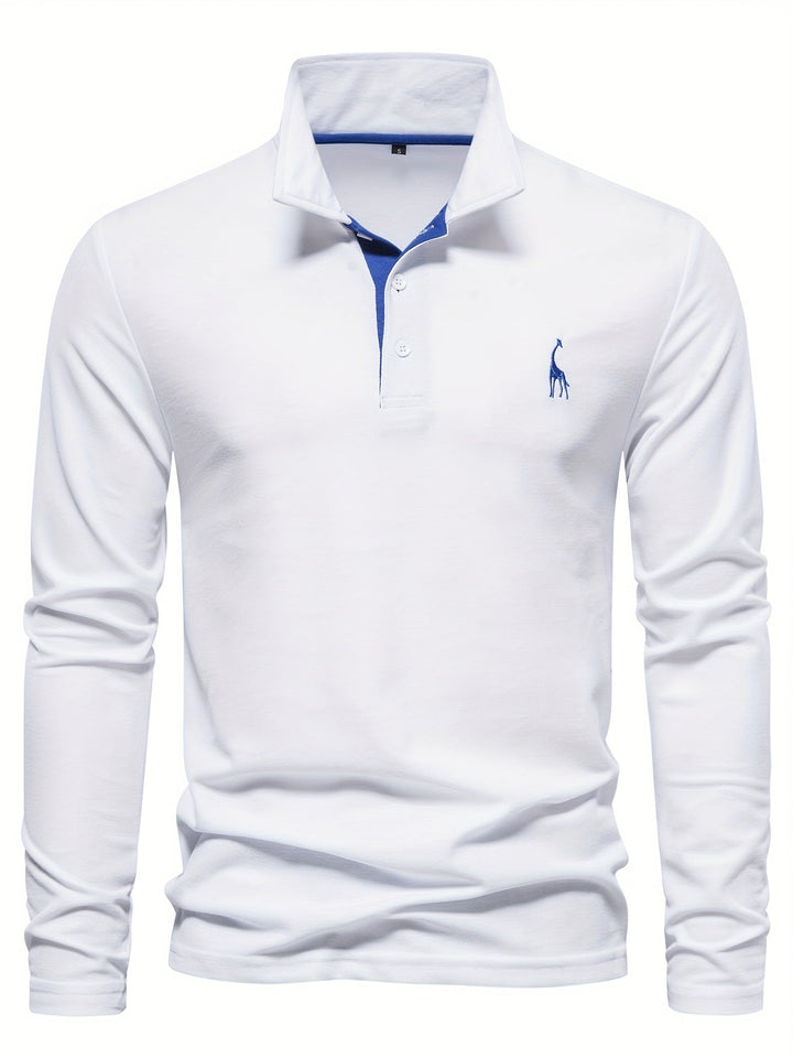 Weißes Herren-Poloshirt, langärmelig, Baumwolle, klassischer Kragen, elegantes Design.