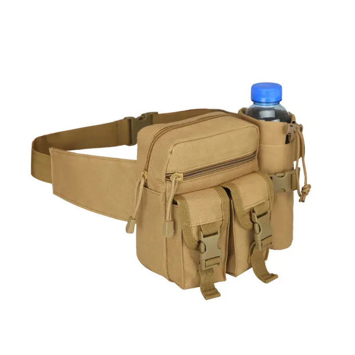 Beige Gürteltasche mit Flaschenhalter, robustes Nylon, ideal für Outdoor-Aktivitäten.