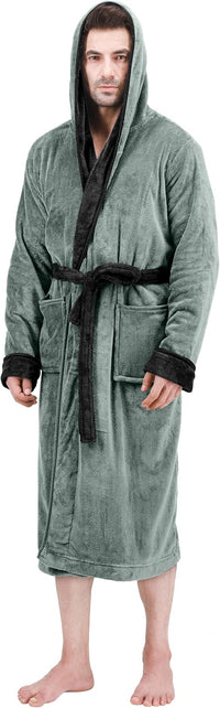 Männer Bademantel mit Kapuze, grün, Fleece, weich, warm, gemütlich, Morgenmantel, Taschen.