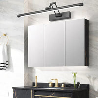 Moderne schwarze LED-Badleuchte über Spiegelschrank, elegantes Design, energiesparend.