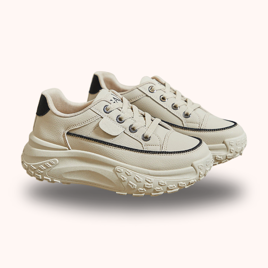 Beige Sneaker mit dicker Sohle, Lederoptik, modisch, Damen, sportlich, bequem, trendig