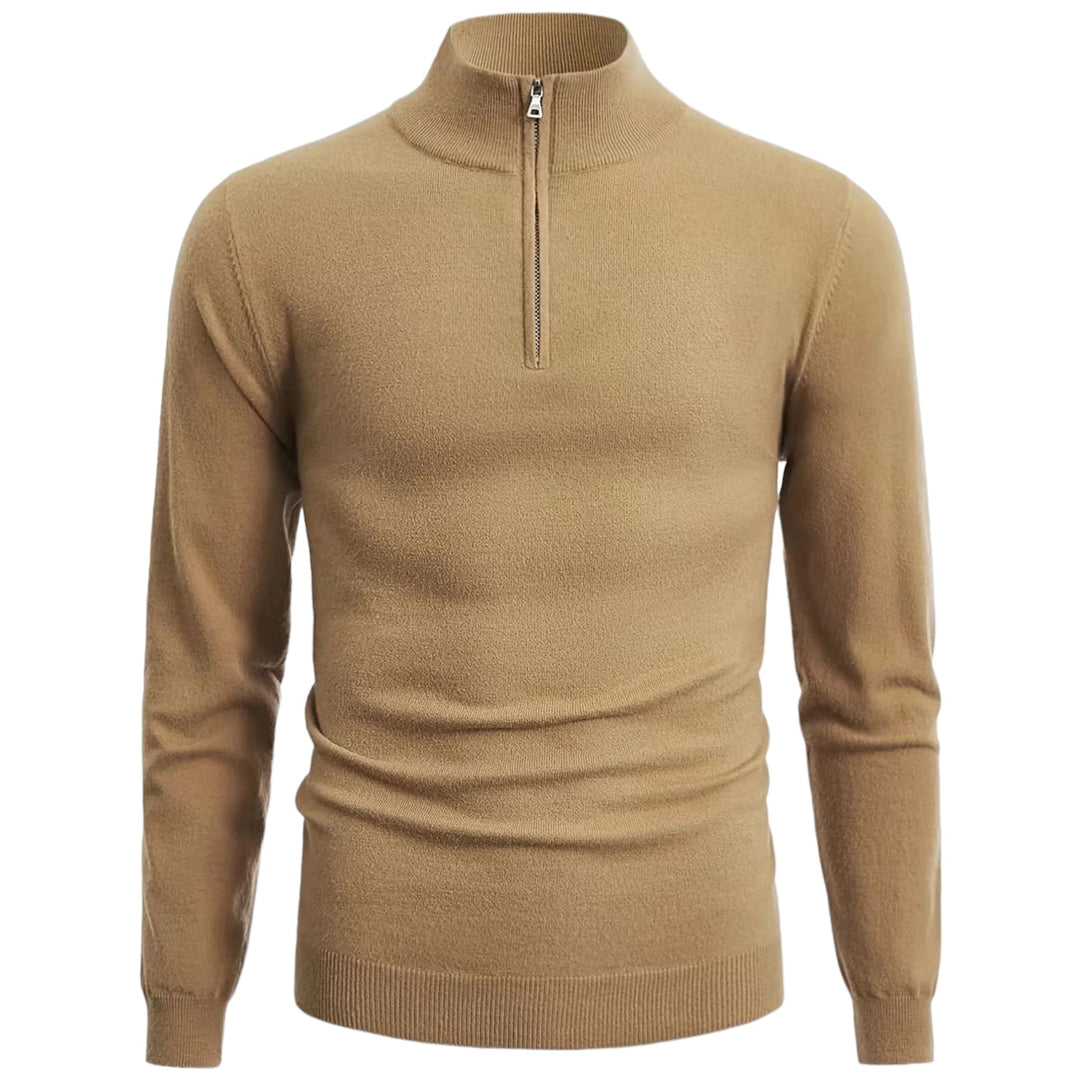 Beiger Herrenpullover mit Reißverschluss, Langarm, Strick, modisch, warm, Wintermode.