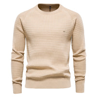 Beiger Herrenpullover, 100% Baumwolle, O-Ausschnitt, Wintermode, hochwertiges Strickdesign.