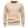 Beiger Herrenpullover, 100% Baumwolle, O-Ausschnitt, Wintermode, hochwertiges Strickdesign.