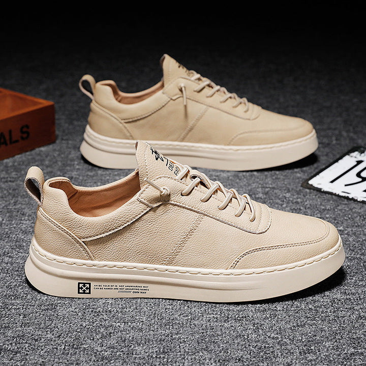 Beige Ledersneaker für Herren, atmungsaktiv, rutschfest, lässig, modisch, vulkanisiert.