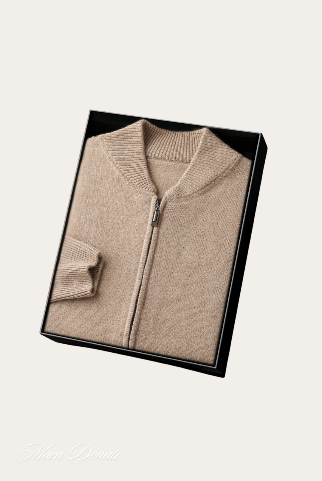 Beiger Kaschmir-Cardigan mit Reißverschluss in Geschenkbox, luxuriöse Strickmode für Herren.