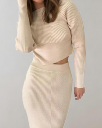 Damen Strickset Beige, Langarm-Oberteil und Rock, Elegante Herbstmode, Weiches Material
